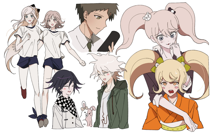 3boys 4girls alternate_costume alternate_hair_length alternate_hairstyle bangs bear_hair_ornament black_hair blue_eyes blush blush_stickers bound_ankles bow braid brown_eyes brown_hair cat_hair_ornament checkered checkered_neckwear checkered_scarf commentary_request cropped_torso dangan_ronpa:_trigger_happy_havoc dangan_ronpa_(series) dangan_ronpa_2:_goodbye_despair dangan_ronpa_v3:_killing_harmony ear_bow enoshima_junko eyebrows_visible_through_hair green_jacket grey_jacket hair_bow hair_ornament height_difference highres hinata_hajime holding hug hug_from_behind jacket japanese_clothes kimono komaeda_nagito long_hair monomi_(dangan_ronpa) multiple_boys multiple_girls nanami_chiaki necktie no_hair_ornament open_clothes open_jacket orange_kimono ouma_kokichi print_shirt saionji_hiyoko scarf school_uniform shirt short_hair smile sonia_nevermind sportswear sweat twintails vo1ez