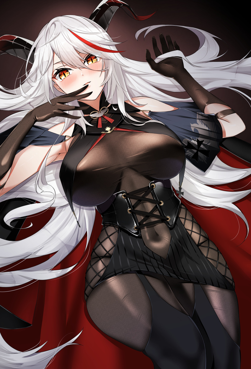 1girl absurdres aegir_(azur_lane) azur_lane bangs bare_shoulders black_dress black_gloves black_legwear blush breasts cape commentary covered_navel dress elbow_gloves eyebrows_visible_through_hair gloves highres horns large_breasts loincloth looking_at_viewer lying marumai multicolored_hair on_back open_clothes redhead shiny shiny_clothes short_dress silver_hair simple_background sleeveless smile thigh-highs two-tone_hair