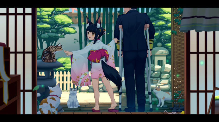 1boy 1girl :d alternate_costume alternate_hairstyle animal_ears azur_lane bamboo bangs black_hair blunt_bangs cat commander_(azur_lane) commentary_request crutch dalian_(1457091741) fox_ears fox_girl fox_tail from_behind full_body hair_bun height_difference highres japanese_clothes kimono kitsune long_hair long_sleeves looking_at_another looking_to_the_side military military_uniform nagato_(azur_lane) naval_uniform obi open_mouth out_of_frame sash short_kimono shouji sidelocks size_difference sliding_doors smile standing stone_lantern tail tree uniform wide_sleeves yellow_eyes