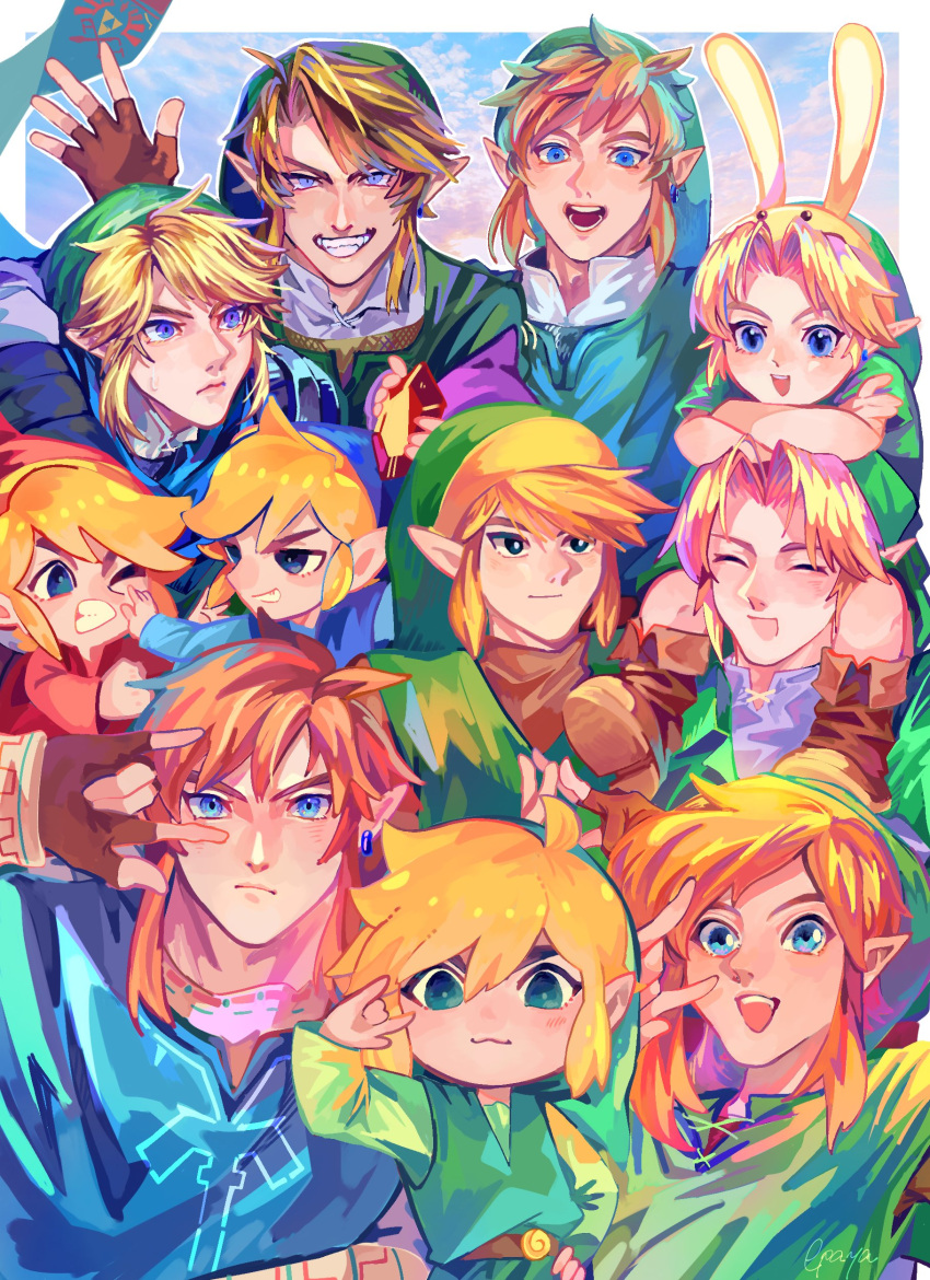 6+boys :3 \m/ absurdres animal_hood arm_around_shoulder blonde_hair bunny_hood epaya_hakase fingerless_gloves gloves green_headwear green_tunic hat highres hood hyrule_warriors link multiple_boys multiple_persona pointy_ears rupee scarf sitting_on_shoulder the_legend_of_zelda the_legend_of_zelda:_a_link_to_the_past the_legend_of_zelda:_breath_of_the_wild the_legend_of_zelda:_four_swords the_legend_of_zelda:_majora's_mask the_legend_of_zelda:_ocarina_of_time the_legend_of_zelda:_skyward_sword the_legend_of_zelda:_the_wind_waker the_legend_of_zelda:_twilight_princess the_legend_of_zelda_(nes) toon_link young_link