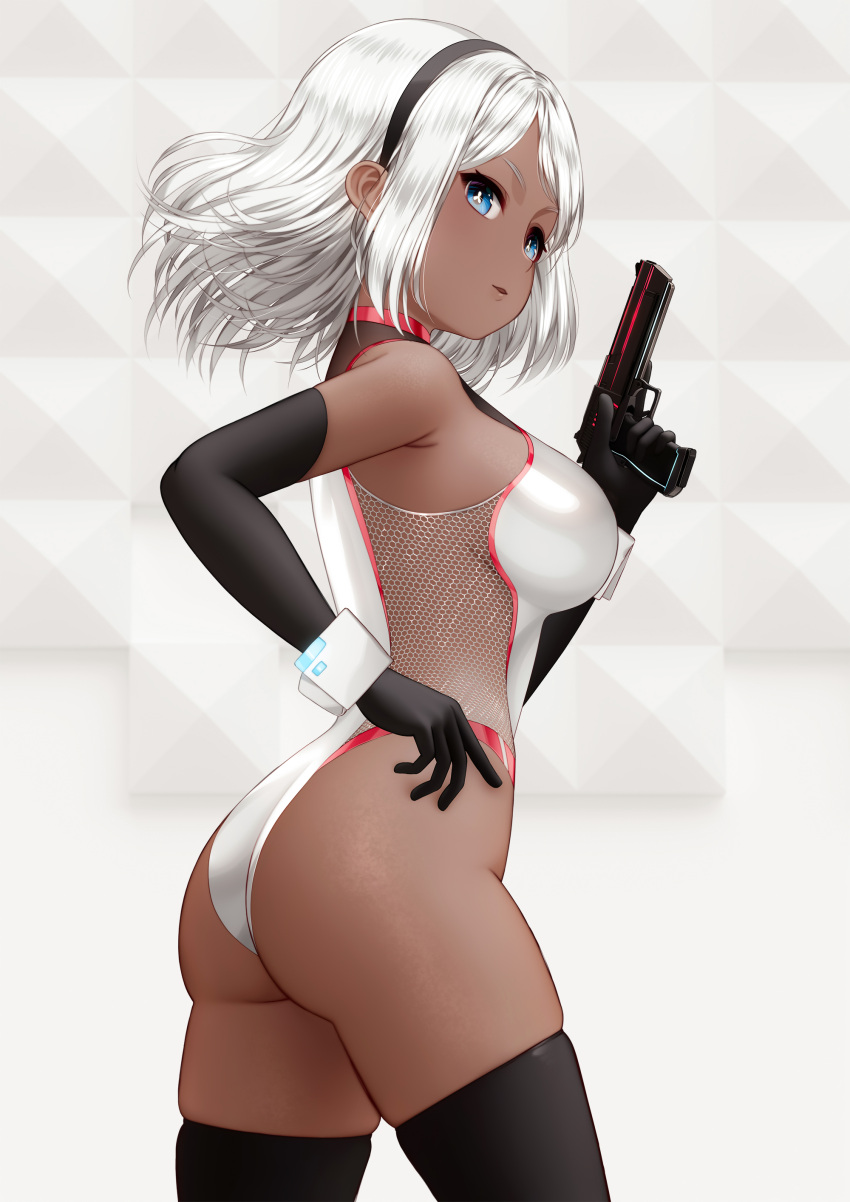 absurdres ass bare_shoulders black_gloves black_hairband black_legwear blue_eyes breasts commentary commission dark-skinned_female dark_skin egawo elbow_gloves english_commentary from_side gloves gun hairband hand_on_hip handgun highres holding holding_gun holding_weapon large_breasts leotard looking_at_viewer looking_to_the_side original parted_lips patterned_background pistol short_hair silver_hair skindentation smile thigh-highs trigger_discipline weapon white_leotard wrist_cuffs