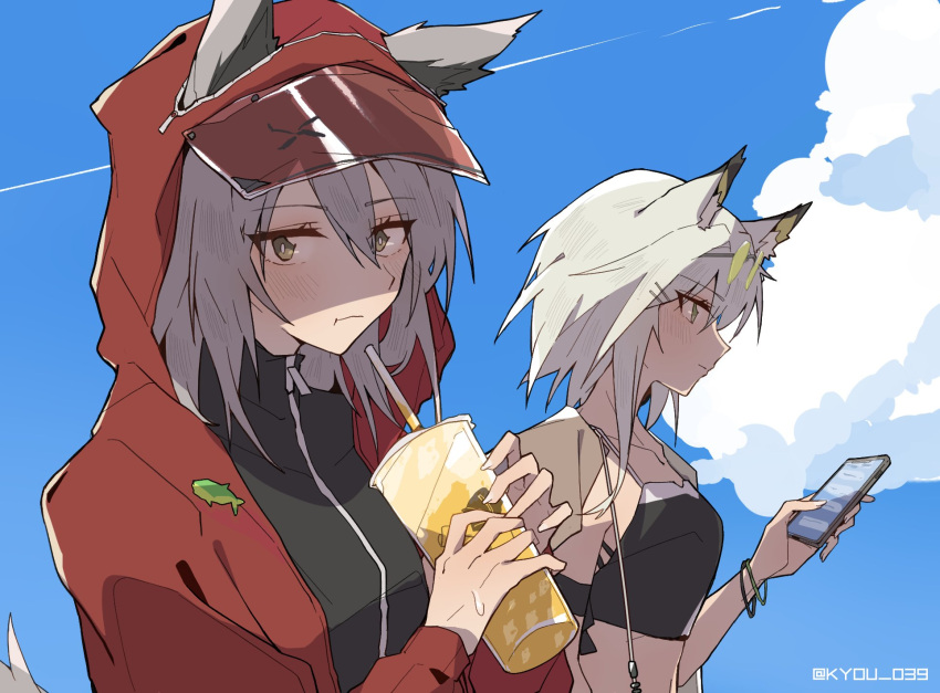2girls :t alternate_costume animal_ears arknights black_shirt black_swimsuit cat_ears cellphone clouds commentary cup ears_through_headwear green_eyes grey_hair highres holding holding_cup holding_phone hood hood_up jacket kal'tsit_(arknights) kyou_039 looking_at_phone looking_at_viewer multiple_girls official_alternate_costume open_clothes open_jacket phone projekt_red_(arknights) projekt_red_(light_breeze)_(arknights) red_jacket shirt short_hair_with_long_locks smartphone swimsuit tail tiara twitter_username upper_body wolf_ears wolf_girl wolf_tail wristband yellow_eyes