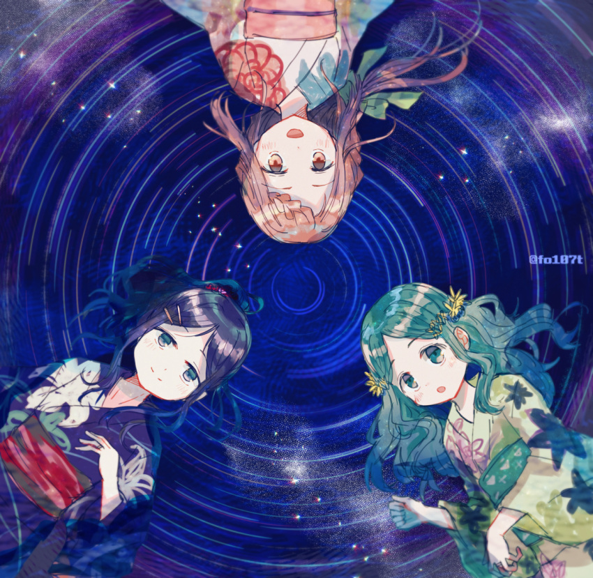 3girls alternate_hairstyle blue_eyes blue_hair floral_print futaba_sana green_eyes green_hair hair_ornament japanese_clothes kimono magia_record:_mahou_shoujo_madoka_magica_gaiden mahou_shoujo_madoka_magica multiple_girls nanami_yachiyo pink_eyes pink_hair sleeveless smile tamaki_iroha totte yukata yuri