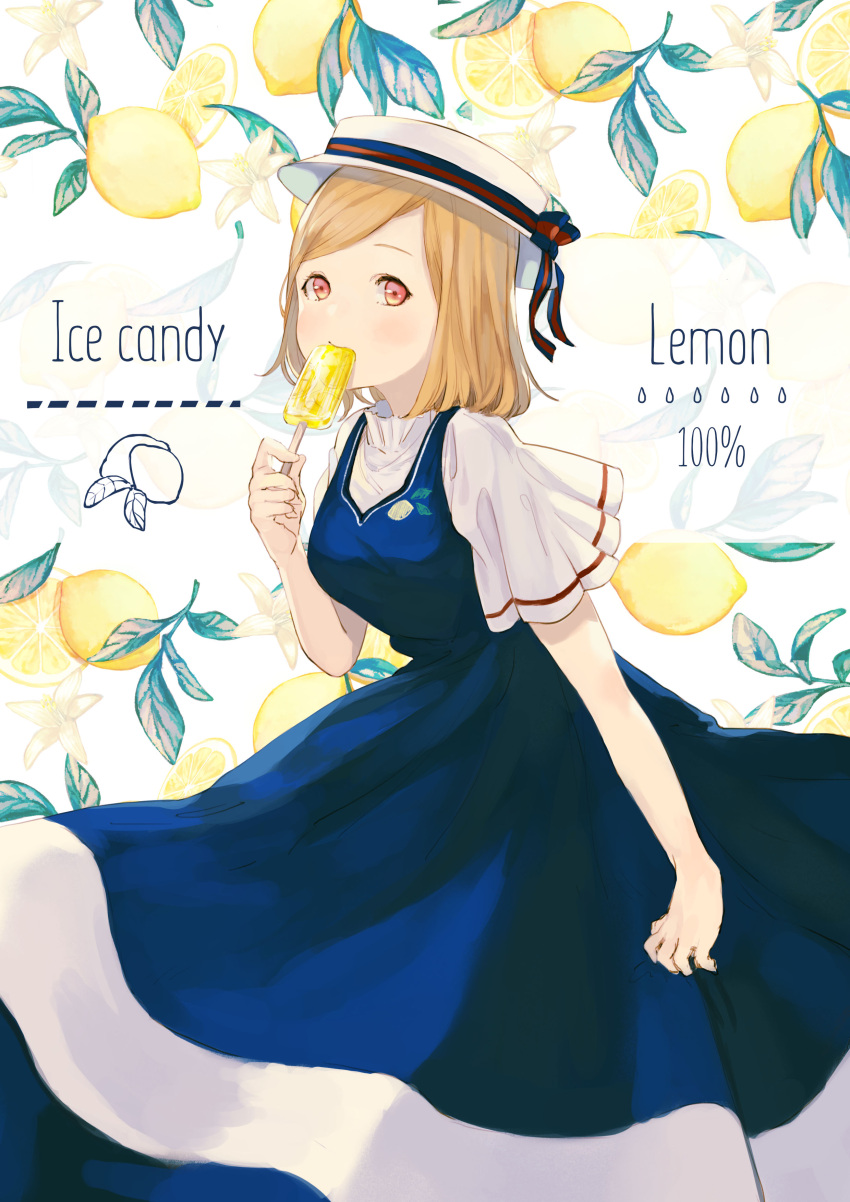 1girl absurdres bangs blouse blue_dress boater_hat brown_hair commentary dress english_text feet_out_of_frame food food_in_mouth fruit hand_up hat highres holding holding_food ikoan leaf lemon long_dress looking_at_viewer medium_hair orange_eyes original pinafore_dress popsicle short_sleeves solo white_background white_blouse white_headwear