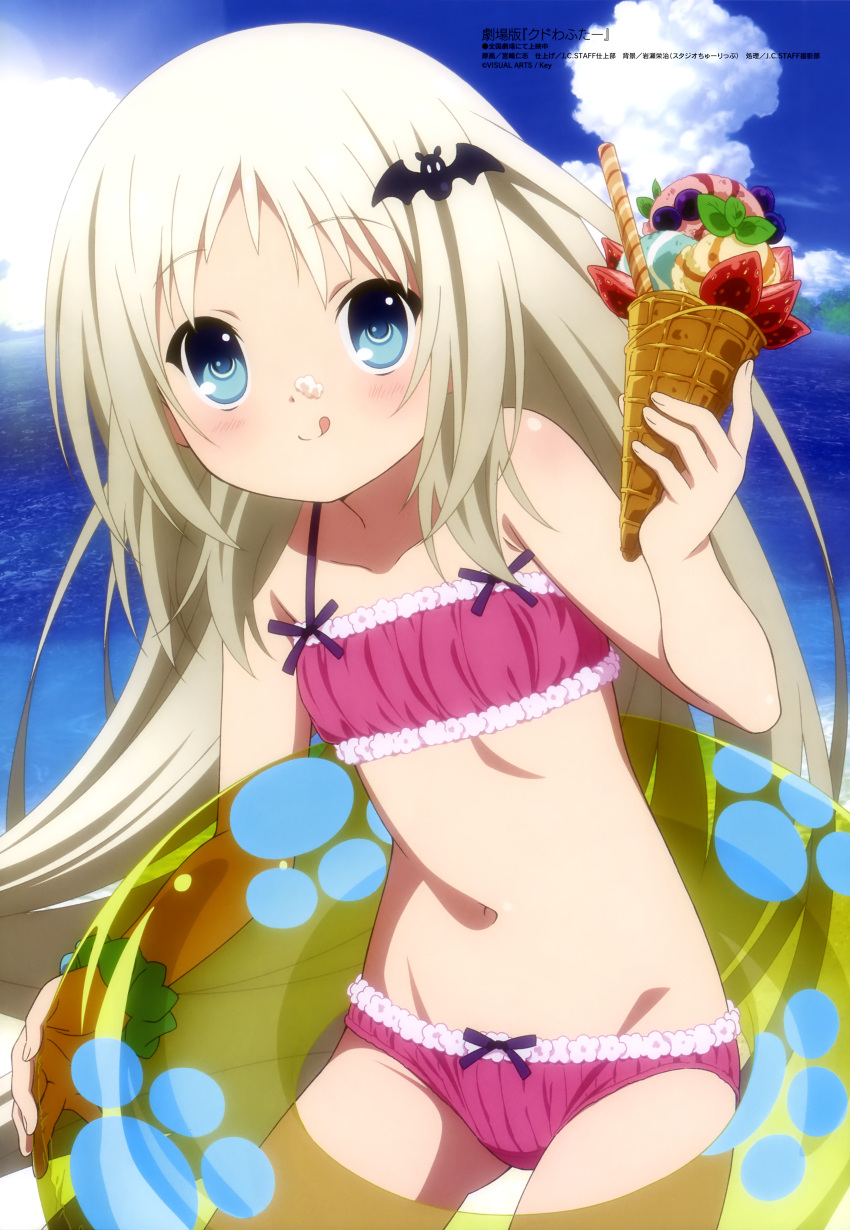 1girl :p absurdres bat_hair_ornament beach bikini blonde_hair blue_eyes blue_sky blush clouds cream cream_on_face day eyebrows_visible_through_hair fisheye flat_chest food food_on_face fruit hair_ornament highres holding holding_innertube ice_cream ice_cream_cone innertube kud_wafter licking_lips little_busters!! long_hair looking_at_viewer megami_magazine miyajima_hitoshi mountainous_horizon navel noumi_kudryavka ocean official_art outdoors red_bikini scan sky smile solo strawberry sun swimsuit tongue tongue_out very_long_hair