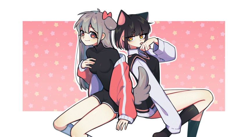 2girls animal_ears arm_support back-to-back bangs black_hair black_legwear black_shirt black_shorts black_sweater_vest bow breasts cat_ears closed_mouth colored_inner_hair covered_collarbone dog_ears dolphin_shorts eyebrows_visible_through_hair fang feet_out_of_frame hair_between_eyes halftone hand_up highres jacket kneehighs licking_hand long_hair long_sleeves looking_at_viewer multicolored_hair multiple_girls myeong7m off_shoulder orange_eyes original pink_background pink_hair red_bow red_jacket shirt short_hair shorts silver_hair sitting skin_fang skin_tight sleeves_past_fingers sleeves_past_wrists slit_pupils small_breasts smile star_(symbol) star_print sweater_vest tongue tongue_out turtleneck white_background white_legwear white_shirt