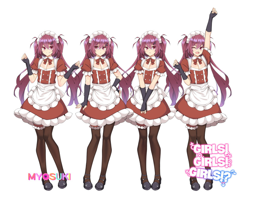 1boy :o ;d apron arm_up black_gloves black_legwear dress fingerless_gloves full_body girls!_girls!_girls!? gloves grin hand_on_hip highres husun_wei long_hair maid male_focus multiple_views one_eye_closed open_mouth otoko_no_ko own_hands_together pantyhose pectorals pout puffy_short_sleeves puffy_sleeves red_dress red_eyes redhead short_sleeves simple_background smile sprite_sheet twintails very_long_hair waist_apron white_background