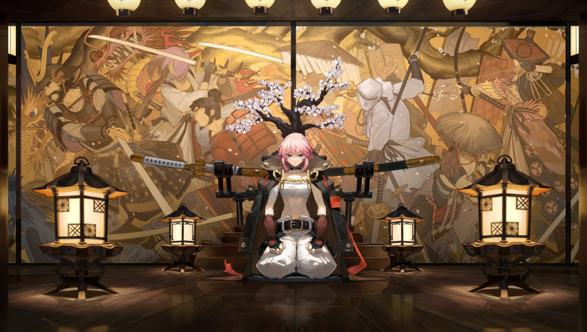 1girl alchemy_stars belt bonsai bridal_gauntlets choker coat coat_on_shoulders hands_on_own_thighs highres hiiro_(alchemy_stars) katana knifedragon lantern looking_at_viewer official_art pink_eyes pink_hair reflective_floor sarashi seiza sheath sheathed short_hair sitting sword symbol_commentary tree weapon weapon_stand