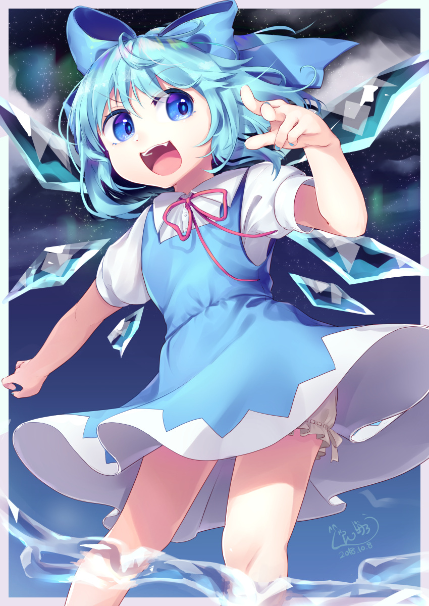 1girl absurdres arm_up bangs bloomers blue_bow blue_dress blue_eyes blue_hair blue_sky border bow buttons cirno clip_studio_paint_(medium) collar dress eyebrows_visible_through_hair eyes_visible_through_hair gradient gradient_sky gunjou_row hair_between_eyes hand_up highres holding ice ice_wings nail_polish night night_sky open_mouth pants pink_border pink_bow pink_neckwear puffy_short_sleeves puffy_sleeves shirt short_hair short_sleeves sky smile solo standing star_(sky) starry_sky touhou underwear water white_pants white_shirt white_sleeves wings