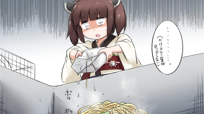 1girl bangs brown_hair commentary_request eyebrows_visible_through_hair headgear highres holding japanese_clothes kimono long_sleeves neon-tetora obi open_mouth sash shaded_face sink solo sweat touhoku_kiritan translation_request twintails voiceroid white_kimono wide_sleeves yakisoba yakisoba_spill