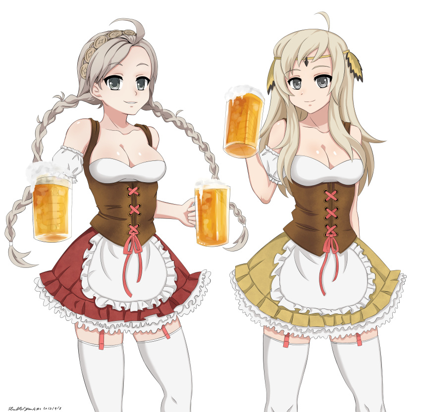 2girls absurdres ahoge alternate_costume apron bangs bare_shoulders beer_mug blonde_hair bodice braid circlet closed_mouth commission commissioner_upload cup dirndl dress fire_emblem fire_emblem_fates garter_straps german_clothes grey_eyes grey_hair hairband highres holding holding_cup long_hair looking_at_viewer mug multiple_girls nina_(fire_emblem) oktoberfest ophelia_(fire_emblem) shuffledyandere skirt thigh-highs twin_braids waist_apron