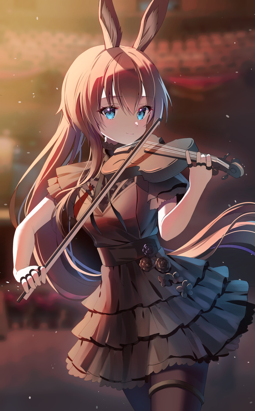 1girl amiya_(arknights) animal_ear_fluff animal_ears arknights bangs black_dress black_legwear blue_eyes blurry blurry_background blush bow_(instrument) breasts brown_hair commentary cowboy_shot dress eyebrows_visible_through_hair flower frilled_dress frills gin_(gin937) hair_between_eyes hand_up highres holding holding_instrument instrument jewelry layered_dress long_hair looking_at_viewer medium_breasts multiple_rings music playing_instrument ponytail rabbit_ears ring short_sleeves sidelocks smile solo standing thigh-highs very_long_hair violin