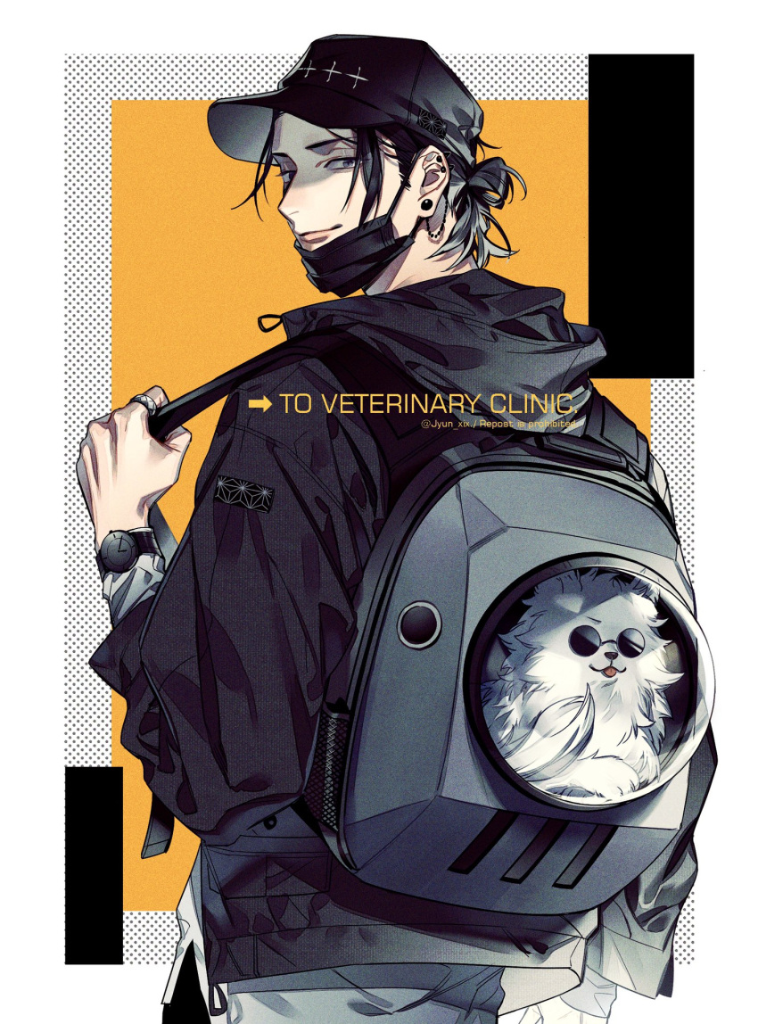 1boy animal backpack bag bangs black_eyes black_hair black_headwear black_jacket cat closed_mouth commentary_request cowboy_shot ear_piercing english_text getou_suguru hat highres hood hood_down jacket jujutsu_kaisen jyun_xix long_sleeves looking_at_viewer male_focus mask mouth_mask piercing round_eyewear short_hair smile solo standing sunglasses twitter_username watch watch