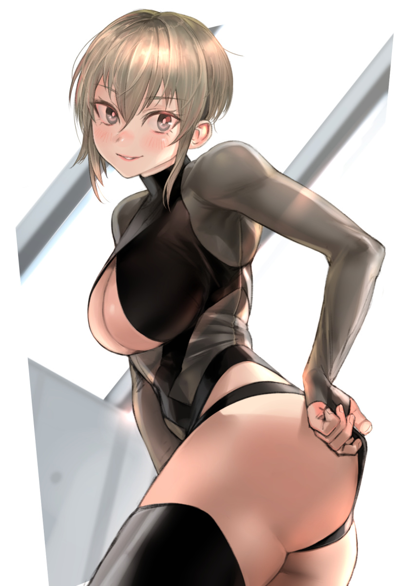 1girl ass black_legwear bodysuit breasts bright_pupils cleavage_cutout clothing_cutout grey_bodysuit grey_eyes grey_hair hair_between_eyes highres kilye_kairi large_breasts long_sleeves looking_at_viewer original parted_lips pink_pupils rei_no_pool short_hair sidelocks smile solo thigh-highs