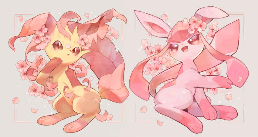 :d alternate_color brown_eyes cherry_blossoms commentary_request flower gen_4_pokemon glaceon grey_background kikuyoshi_(tracco) leafeon looking_back no_humans open_mouth paws pokemon pokemon_(creature) smile toes tongue