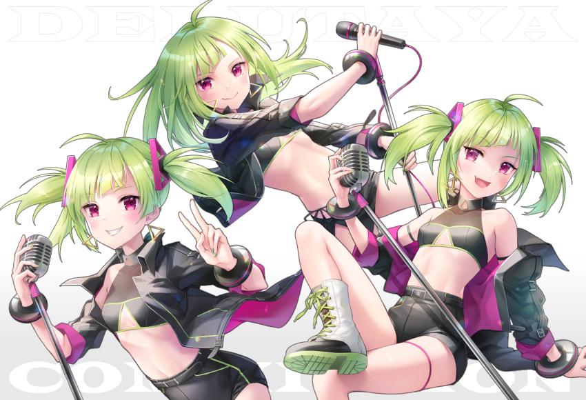 1girl :d ahoge arm_strap bare_shoulders black_choker black_jacket black_shirt black_shorts boots breasts chocofox choker cleavage_cutout closed_mouth clothing_cutout collarbone crop_top delutaya fang green_hair grin hair_down hair_ornament high-waist_shorts highres holding indie_virtual_youtuber jacket knee_up long_hair long_sleeves looking_at_viewer microphone microphone_stand midriff multiple_views navel off_shoulder open_clothes open_jacket open_mouth revealing_clothes shirt short_shorts shorts sitting sleeveless sleeveless_shirt small_breasts smile stomach thigh_strap thighs twintails v violet_eyes white_footwear