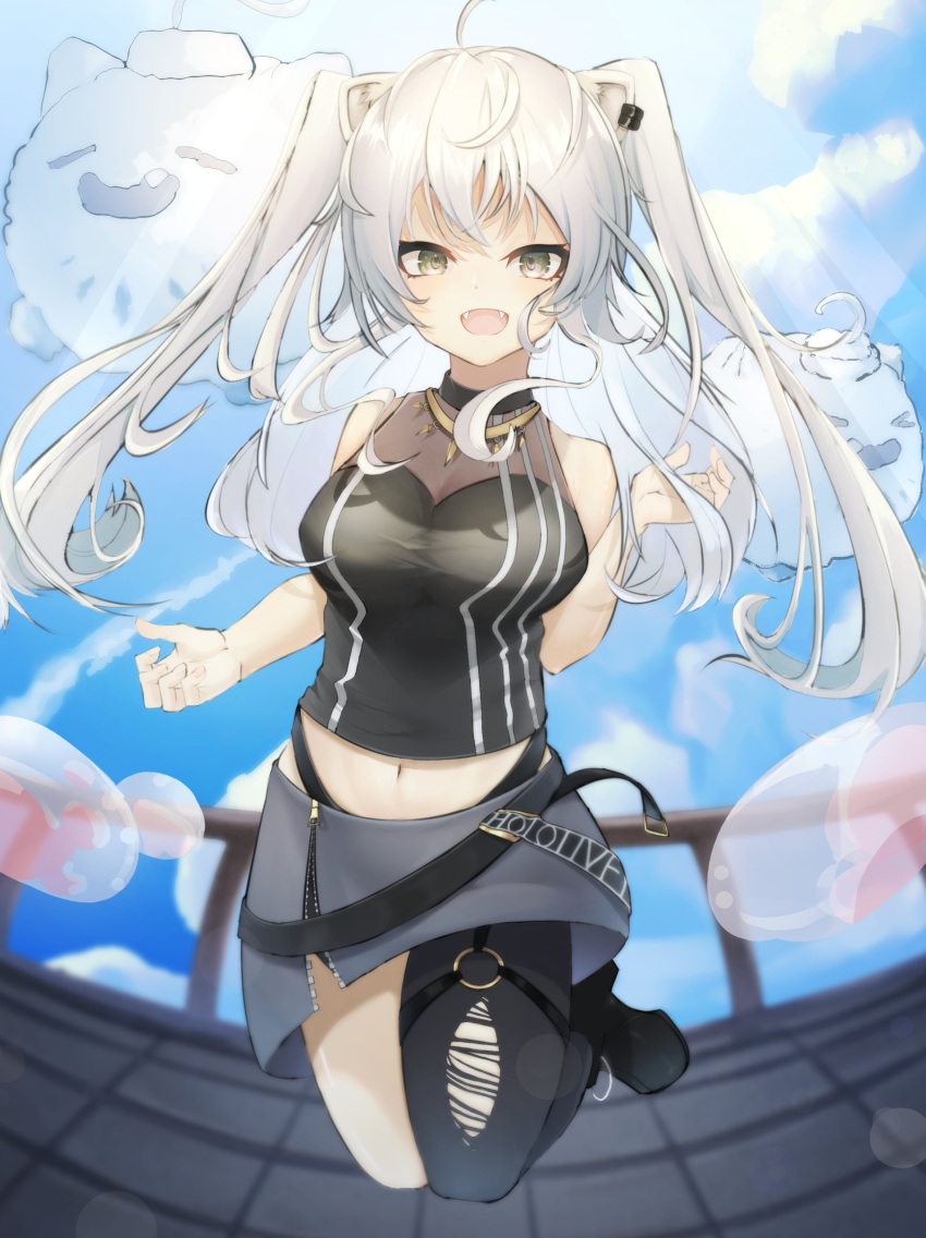 1girl absurdres airborne bangs black_legwear black_shirt breasts bubble clouds fangs grey_eyes grey_hair highres hololive long_hair mattari_osusi medium_breasts navel open_mouth shirt shishiro_botan single_legging sky sleeveless sleeveless_shirt smile solo ssrb sunlight thigh_strap torn_clothes torn_legwear two_side_up virtual_youtuber