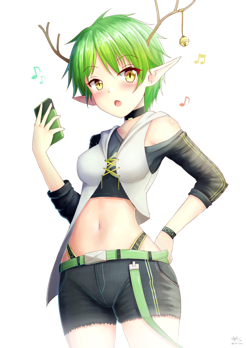 1girl :o antlers bare_shoulders beamed_eighth_notes bell black_shirt black_shorts blush breasts cellphone commentary commission copyright_request dated eighth_note english_commentary green_hair hand_up highres holding holding_phone jingle_bell long_sleeves musical_note navel off_shoulder open_mouth phone pointy_ears prophosphere shirt short_shorts shorts signature simple_background small_breasts solo virtual_youtuber white_background yellow_eyes