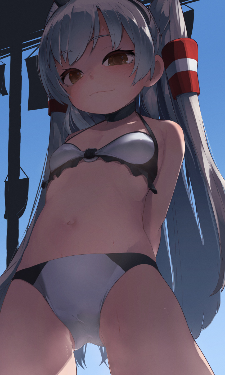 1girl absurdres amatsukaze_(kancolle) arms_behind_back ass_visible_through_thighs bangs bikini black_bikini blush breasts brown_eyes commentary_request commission eyebrows_visible_through_hair from_below hair_tubes hat highres kantai_collection long_hair looking_at_viewer looking_down mini_hat navel silver_hair skeb_commission smile smug solo swimsuit tsuzuri_(tu-san_house) two_side_up windsock