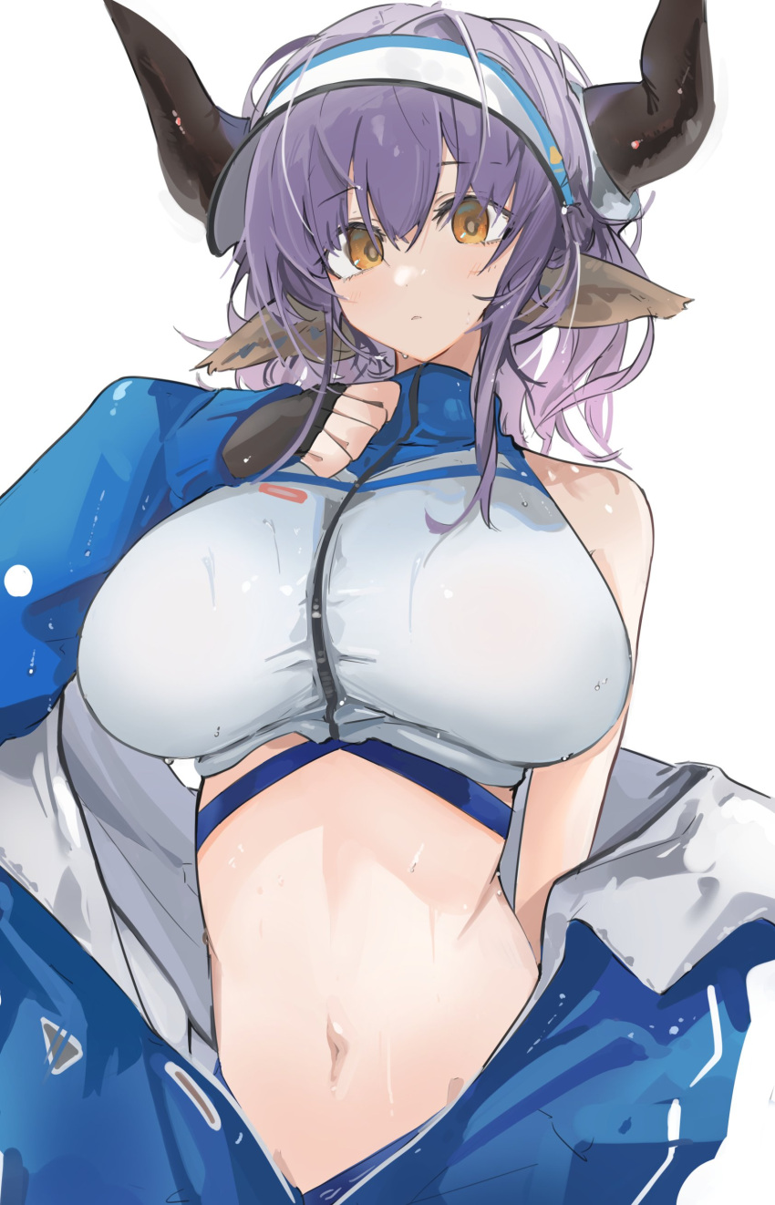 1girl absurdres animal_ears arknights bikini blue_jacket breasts brown_eyes cow_ears cow_girl cow_horns grey_bikini highres horns huge_breasts jacket jacket_partially_removed mikojin navel off_shoulder official_alternate_costume open_clothes open_jacket purple_hair short_hair sideroca_(arknights) sideroca_(light_breeze)_(arknights) solo swimsuit upper_body visor_cap