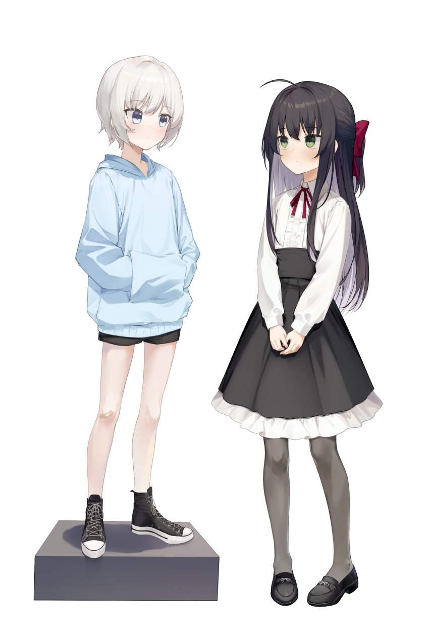 2girls ahoge alternate_hair_length alternate_hairstyle bandaid bandaid_on_knee black_footwear black_hair black_legwear black_shorts black_skirt blue_eyes blue_hoodie bow center_frills child closed_mouth collared_shirt colored_inner_hair commentary_request converse cross-laced_footwear dress_shirt eye_contact eyebrows_visible_through_hair flat_chest frills full_body green_eyes hair_bow half_updo hands_in_pocket height_difference high-waist_skirt highres hood hood_down hoodie light_blush long_hair long_sleeves looking_at_another multicolored_hair multiple_girls neck_ribbon original own_hands_together pantyhose petticoat puffy_long_sleeves puffy_sleeves red_bow red_neckwear red_ribbon ribbon shirt shirt_tucked_in shoes short_hair short_shorts shorts sidelocks simple_background skirt sneakers soya_(torga) standing standing_on_object tsurime two-tone_hair v_arms white_background white_hair white_shirt wing_collar younger