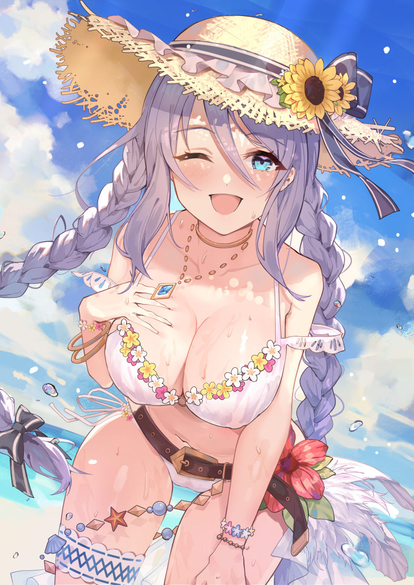 1girl ;d absurdres bikini black_ribbon blue_eyes blue_sky braid breasts collarbone day eyebrows_visible_through_hair fang_qiao flower_bracelet hair_between_eyes hair_ribbon hat highres jewelry large_breasts long_hair looking_at_viewer navel necklace ocean one_eye_closed open_mouth outdoors princess_connect! purple_hair ribbon shizuru_(princess_connect!) sky smile solo straw_hat swimsuit twin_braids wet yellow_headwear
