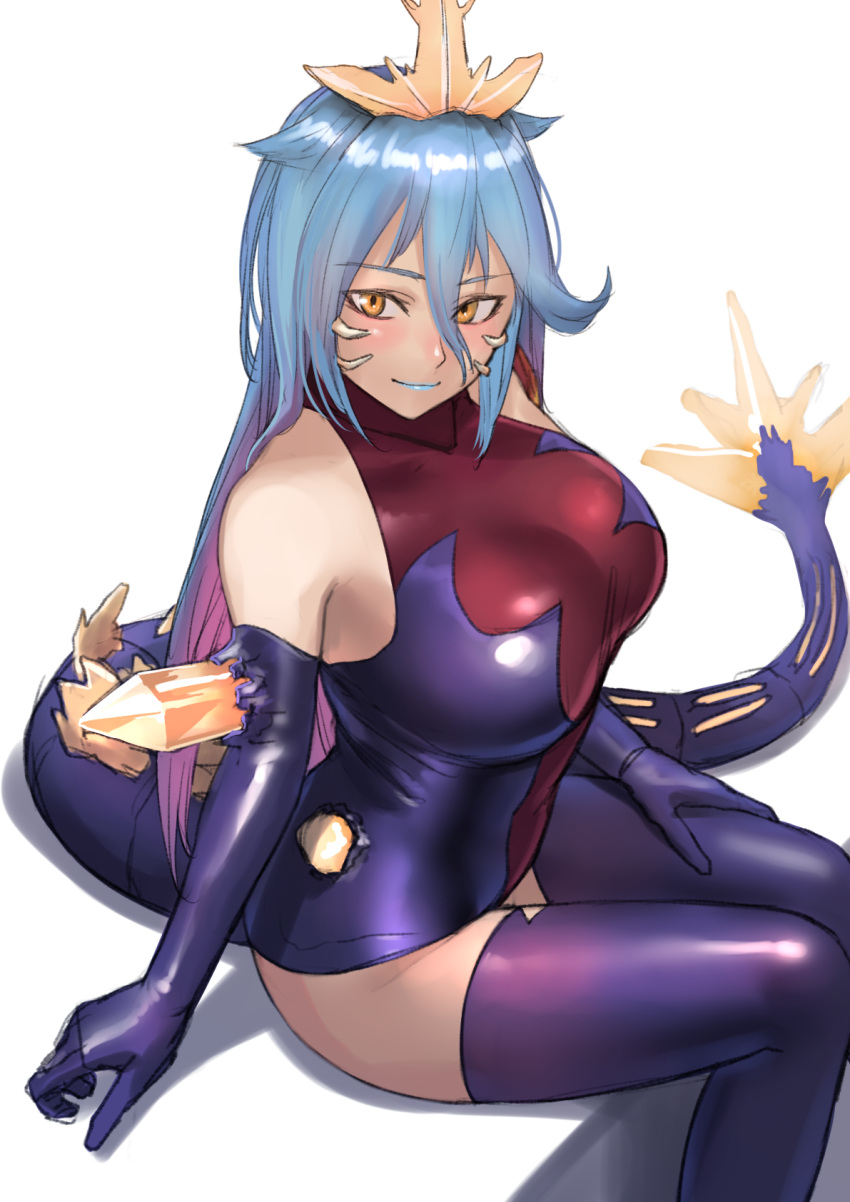 1girl blue_hair blush breasts closed_mouth colored_inner_hair copyright_request crystal elbow_gloves from_side gloves highres kilye_kairi knees_together_feet_apart large_breasts leotard long_hair looking_at_viewer monster_girl multicolored_hair pink_hair purple_gloves purple_legwear purple_leotard sitting smile solo tail thigh-highs two-tone_hair yellow_eyes