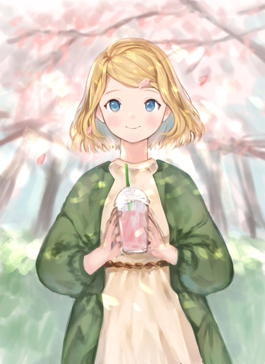 1girl bangs beige_dress blonde_hair blue_eyes blurry blurry_background cherry_blossoms closed_mouth coat commentary cup day disposable_cup drinking_straw falling_petals green_coat hands_up highres ikoan long_sleeves looking_at_viewer open_clothes open_coat original outdoors petals short_hair smile solo sunlight symbol_commentary tree upper_body