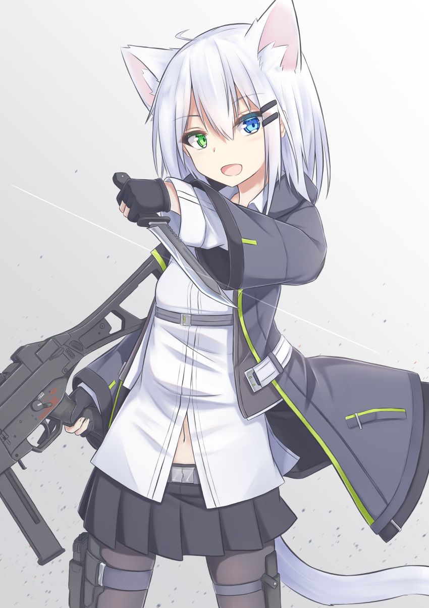 1girl :d absurdres ahoge animal_ear_fluff animal_ears bangs black_gloves black_legwear black_skirt blue_eyes coat collared_shirt extra_ears gloves gradient gradient_background green_eyes grey_coat gun hair_between_eyes hair_ornament hairclip hand_up heterochromia highres holding holding_gun holding_knife holding_weapon holstered_weapon knife long_sleeves looking_at_viewer machine_gun medium_hair miniskirt navel open_clothes open_coat open_mouth original pantyhose partially_fingerless_gloves shirt skirt smile solo standing tail trigger_discipline weapon white_hair white_shirt yukishiro_haku