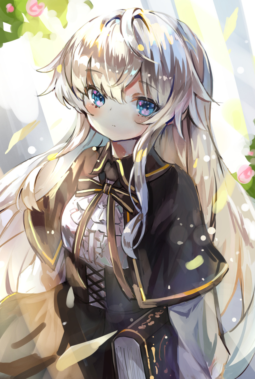 1girl black_collar black_dress black_ribbon blonde_hair blue_eyes blush book character_request collar commission dress flower fujii_shino grimoire highres long_hair long_sleeves looking_at_viewer petals pixiv_request ribbon solo standing sunlight