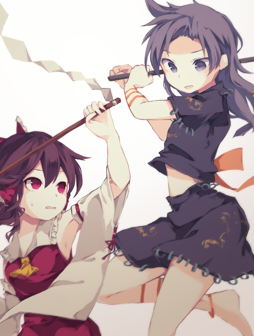 2girls absurdres armpits arms_up ascot bangs barefoot blue_hair bow breasts brown_hair commentary detached_sleeves fighting frilled_bow frilled_shirt_collar frills gohei grey_eyes grey_hair grey_shirt grey_skirt hair_between_eyes hair_ornament hair_tubes hakurei_reimu highres himemushi_momoyo holding holding_weapon long_hair long_sleeves looking_at_another medium_hair midriff_peek multiple_girls open_mouth parted_bangs red_bow red_eyes red_shirt red_skirt ribbon ribbon-trimmed_sleeves ribbon_trim sato_imo shirt short_sleeves sidelocks simple_background skirt sweat touhou unconnected_marketeers weapon white_background yellow_neckwear