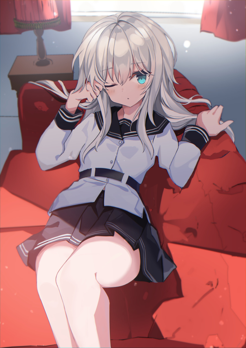 1girl absurdres belt black_belt black_sailor_collar black_skirt blue_eyes commentary_request dress fathom feet_out_of_frame hibiki_(kancolle) highres kantai_collection lamp long_hair looking_at_viewer lying one_eye_closed pleated_dress sailor_collar school_uniform serafuku silver_hair skirt solo verniy_(kancolle) waking_up window