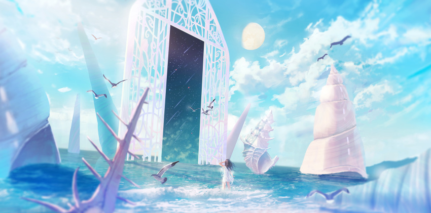 1girl absurdres arm_up bird brown_hair day dress from_behind gate heaven highres in_water kojomi_(7j543) long_hair moon ocean original scenery shell shooting_star sky sleeveless sleeveless_dress solo standing sunlight transparent_wings waves white_dress wind wings