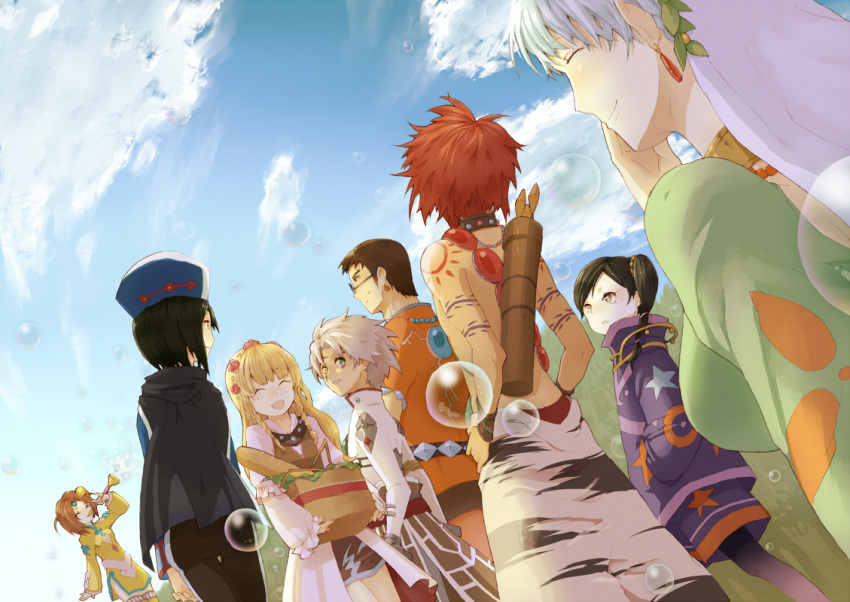 3boys 5girls :d baguette basket black_hair blonde_hair bread brown_hair bubble bubble_blowing character_request closed_eyes clouds day earrings food glasses jewelry long_sleeves misoshiru_utoma multiple_boys multiple_girls norma_beatty open_mouth outdoors ponytail quiver shirtless short_hair side_ponytail smile standing star_(symbol) star_print tales_of_(series) tales_of_legendia tattoo white_hair