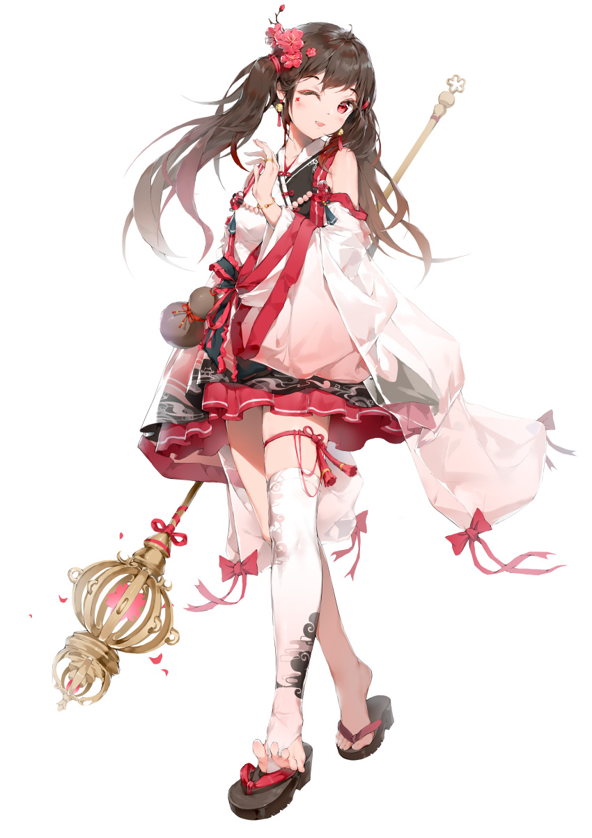 1girl absurdres ahoge bangs bell bell_earrings black_footwear blush bodhi_wushushenghua bow bracelet breasts brown_hair chinese_clothes chinese_commentary commentary_request earrings flower hair_flower hair_ornament hair_ribbon hand_up hanfu highres holding holding_staff jewelry jingle_bell long_hair long_sleeves looking_at_viewer one_eye_closed open_mouth original red_bow red_eyes red_flower red_ribbon ribbon ring sandals simple_background single_thighhigh smile solo staff tassel tassel_earrings thigh-highs thigh_strap toeless_legwear twintails white_background white_legwear wide_sleeves