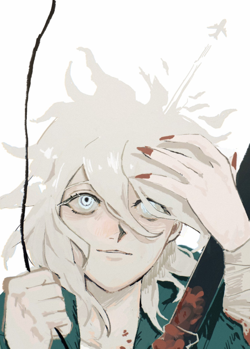 1girl aircraft airplane bandaged_arm bandages bangs blood dangan_ronpa_(series) dangan_ronpa_2:_goodbye_despair face green_jacket grey_eyes grey_hair hair_between_eyes hand_up hands_up highres holding jacket komaeda_nagito looking_up male_focus medium_hair parted_bangs parted_lips portrait red_nails sema_(vivaviva_02) shiny shiny_hair solo white_background