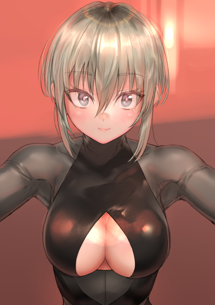 1girl bodysuit breasts cleavage_cutout closed_mouth clothing_cutout grey_bodysuit grey_eyes grey_hair highres kilye_kairi large_breasts latex latex_bodysuit looking_at_viewer original pink_background pink_pupils short_hair sidelocks smile solo upper_body