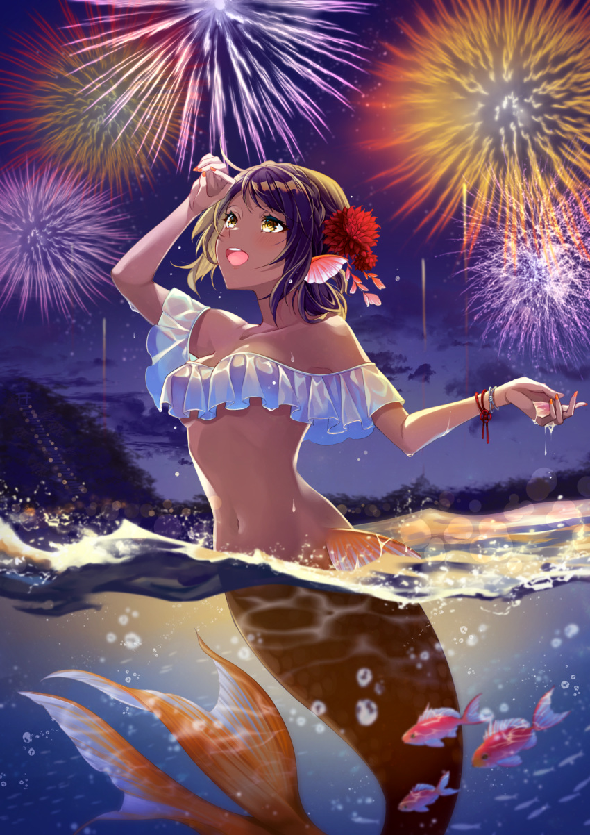 1girl :d aerial_fireworks ahoge air_bubble arm_up bangs bare_shoulders blush braid breasts brown_hair bubble clouds cloudy_sky collarbone commentary_request fins fireworks fish flower french_braid frills groin hair_between_eyes hair_flower hair_ornament head_fins highres ichino_tomizuki looking_up medium_breasts medium_hair mermaid monster_girl navel night open_mouth orange_nails original partially_underwater_shot scales sidelocks sky smile solo split_tail stomach swept_bangs tan upper_teeth wet wristband yellow_eyes