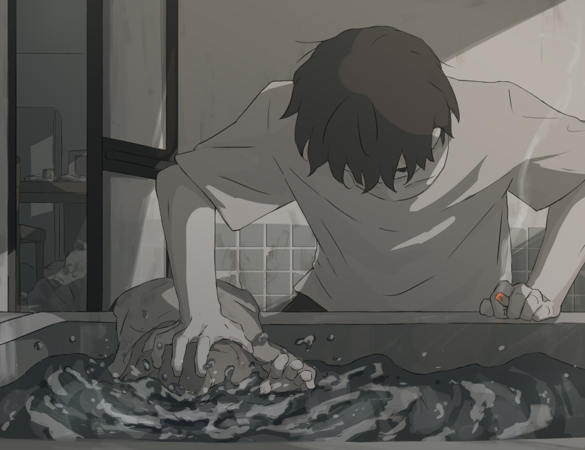 2boys absurdres asphyxiation avogado6 child_abuse cigarette commentary_request dirty drowning highres holding holding_cigarette messy_room multiple_boys original shirt smoke white_shirt