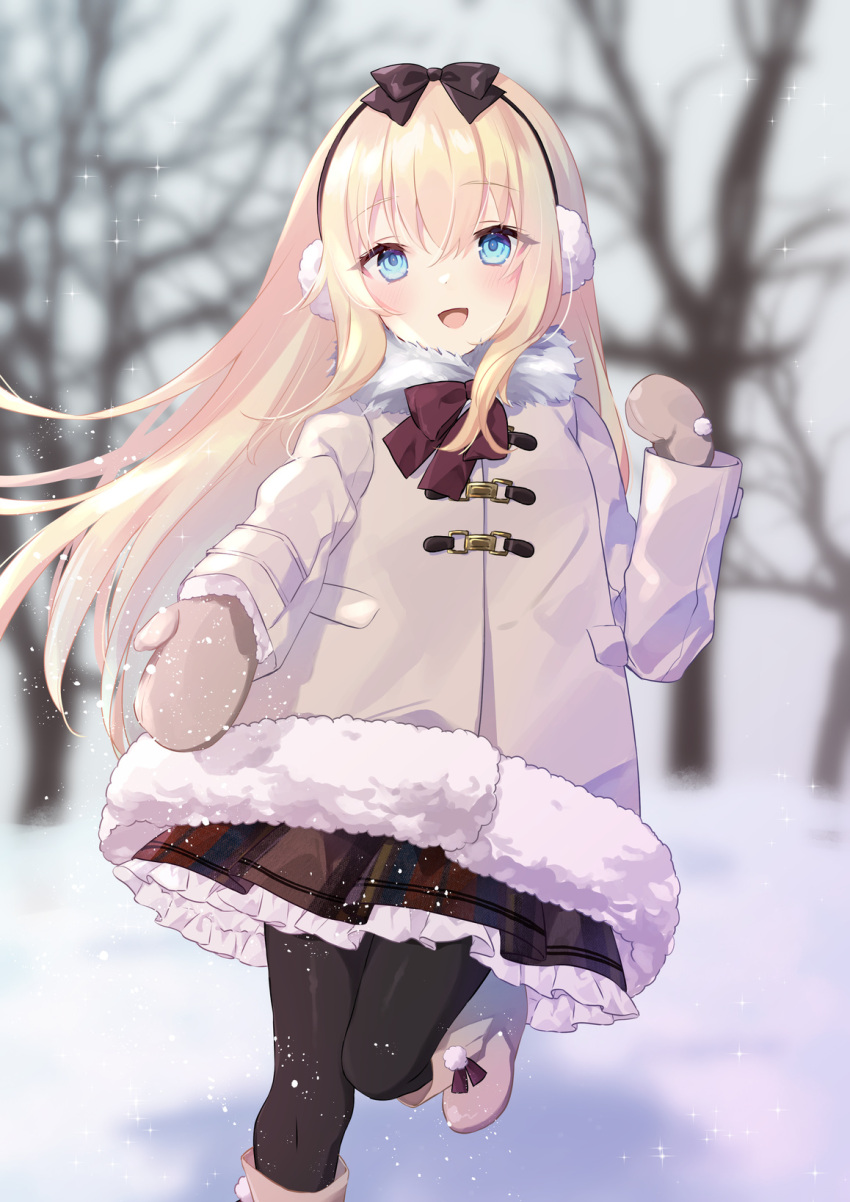 1girl :d bangs bare_tree black_bow black_legwear blonde_hair blue_eyes blurry blurry_background blush boots bow brown_coat brown_footwear brown_mittens coat commentary_request commission day depth_of_field earmuffs eyebrows_visible_through_hair floating_hair frilled_skirt frills fur-trimmed_coat fur_trim hair_between_eyes hand_up highres knee_boots long_hair long_sleeves looking_at_viewer mittens open_mouth original outdoors outstretched_arm pantyhose pixiv_request pleated_skirt purin_jiisan skirt smile solo standing standing_on_one_leg tree very_long_hair
