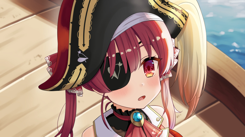 1girl bare_shoulders dorianpanda eyepatch hat heart highres hololive houshou_marine looking_up open_mouth pirate_hat red_eyes redhead ship solo twintails upper_body virtual_youtuber water watercraft