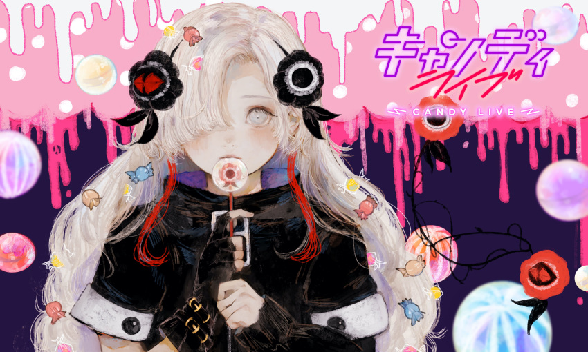 1girl absurdres asymmetrical_sleeves candy candy_hair_ornament coat commentary_request creature expressionless familiar fingerless_gloves food food-themed_hair_ornament gloves grey_eyes grey_hair hair_ornament hair_over_one_eye highres holding holding_candy holding_food holding_lollipop isekai_joucho kamitsubaki_studio lollipop long_hair looking_at_viewer multicolored multicolored_background multicolored_hair official_art orie_h redhead single_glove solo two-tone_hair uneven_sleeves upper_body virtual_youtuber