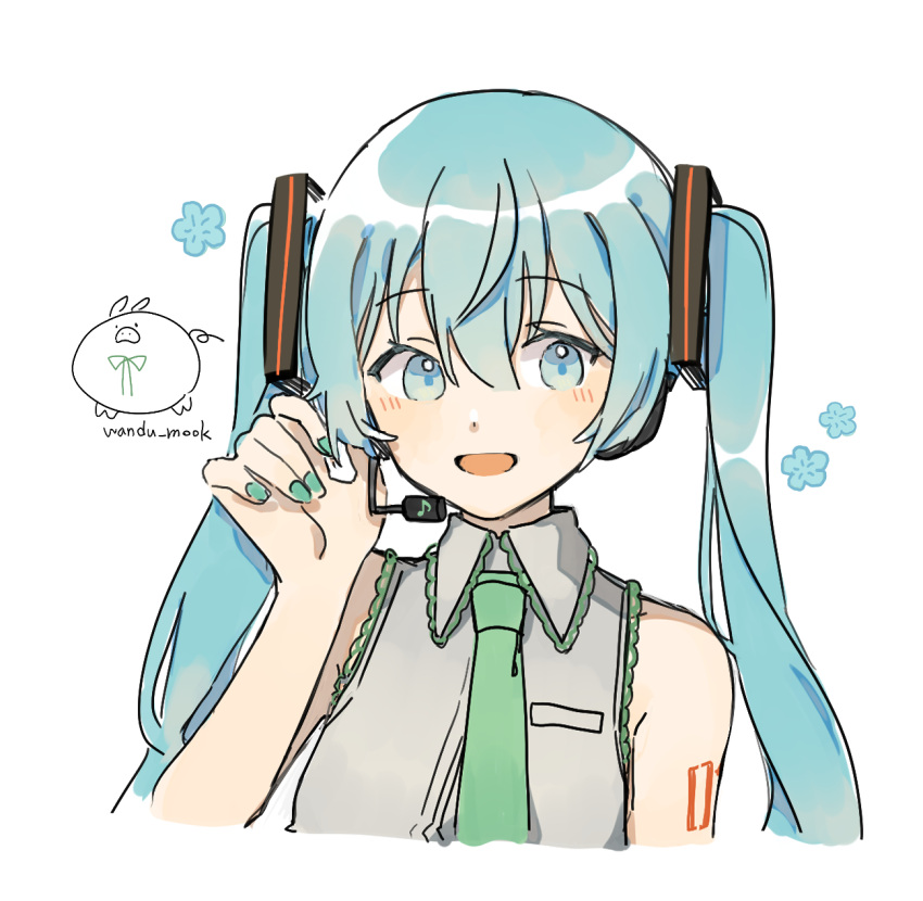 1girl adjusting_headset aqua_nails artist_logo artist_name bangs blue_eyes blue_flower blue_hair collared_shirt commentary cropped_torso eighth_note eyebrows_visible_through_hair flower flower_(symbol) green_neckwear grey_shirt hair_between_eyes hand_up hatsune_miku headset highres light_blush long_hair looking_at_viewer musical_note nail_polish necktie open_mouth shirt simple_background sleeveless sleeveless_shirt smile solo tattoo twintails upper_body vocaloid wandu_muk white_background