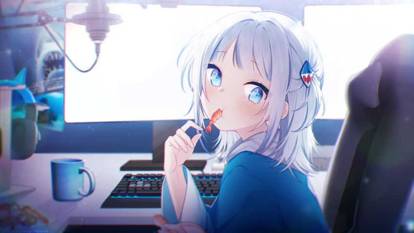 1girl bangs blue_eyes blue_hoodie blunt_bangs chair cup desk eating eyebrows_visible_through_hair fingernails food food_in_mouth from_side gaming_chair gawr_gura hair_ornament hand_up headphones highres holding holding_food hololive hololive_english hood hood_down hoodie indoors keyboard_(computer) long_sleeves looking_at_viewer microphone monitor mug plate portrait_of_an_unknown_woman_(ivan_kramskoy) poster_(object) scenery screen_light shark_girl shark_hair_ornament shrimp silver_hair sitting solo two_side_up upper_body virtual_youtuber wide_sleeves