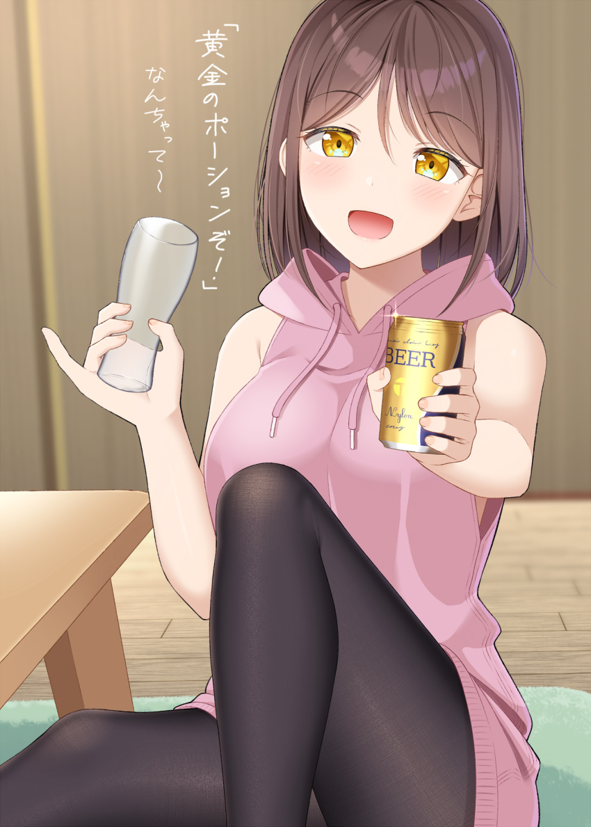 :d bangs bare_arms bare_shoulders beer_can black_legwear breasts brown_hair can commentary_request cup drawstring drinking_glass feet_out_of_frame gurande_(g-size) highres holding holding_can holding_cup hood hood_down hoodie indoors knee_up looking_at_viewer medium_breasts narumiya_tayori open_mouth original pantyhose parted_bangs pink_hoodie sitting sleeveless sleeveless_hoodie smile solo table translation_request wooden_floor yellow_eyes