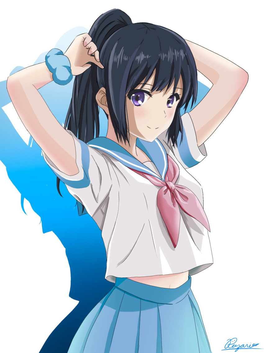 1girl bangs black_hair blue_sailor_collar blue_skirt blush closed_mouth hands_up hibike!_euphonium highres kitauji_high_school_uniform kousaka_reina long_hair looking_at_viewer midriff neckerchief pink_neckwear pleated_skirt ponytail rozario_0112 sailor_collar school_uniform scrunchie serafuku shirt short_sleeves simple_background skirt smile solo tying_hair violet_eyes white_background white_shirt