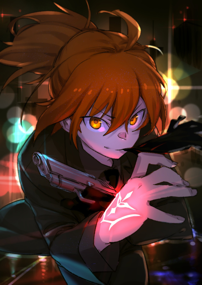 1girl absurdres ahoge black_jacket black_pants blurry blurry_background command_spell fate/grand_order fate_(series) fujimaru_ritsuka_(female) glove_in_mouth gloves gun hair_between_eyes highres holding holding_gun holding_weapon jacket looking_at_viewer mouth_hold orange_eyes orange_hair pants ponytail smile solo try weapon