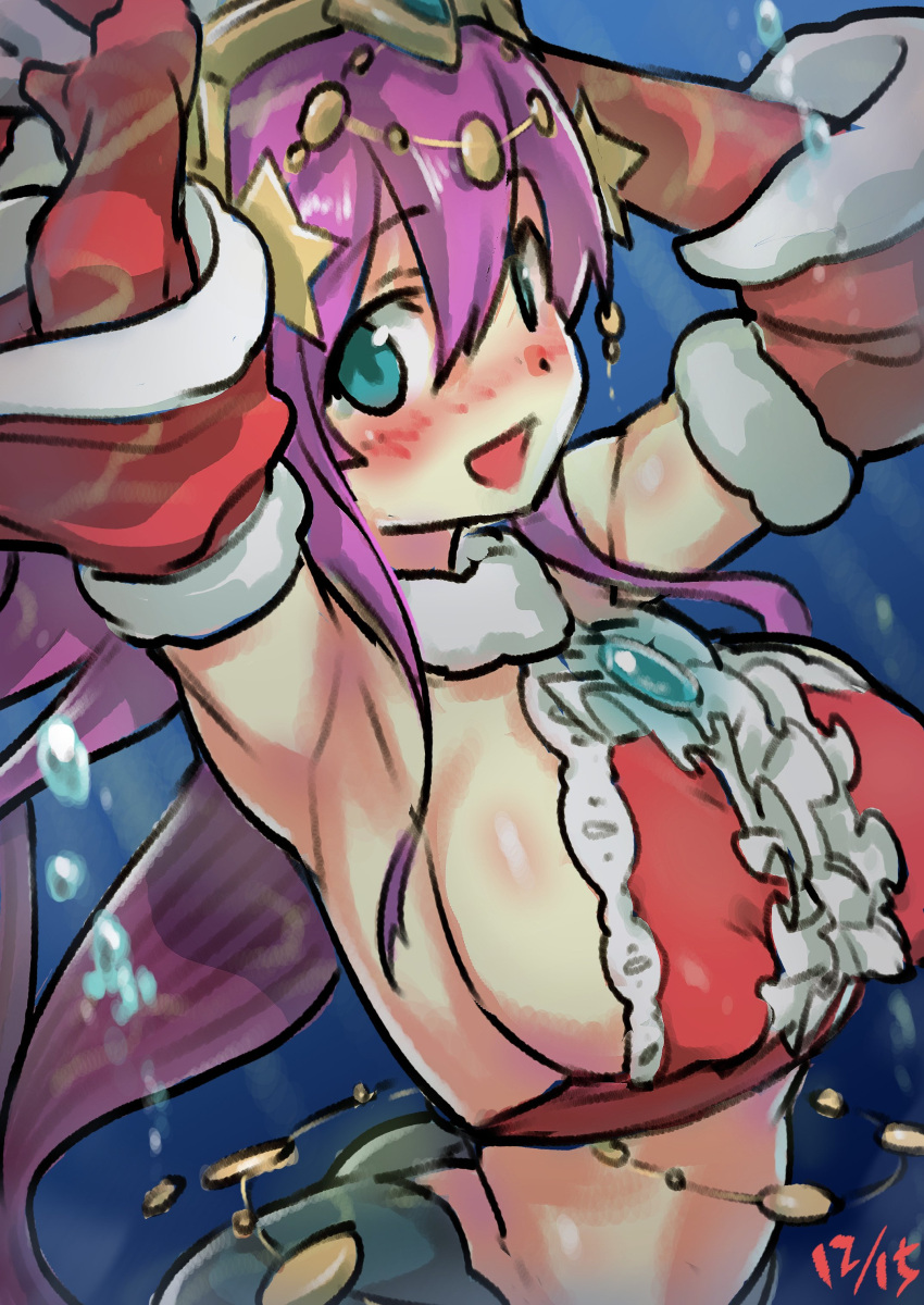 1girl :d absurdres armpits blue_eyes blush breasts covered_nipples crown dated elbow_gloves from_side gloves hair_between_eyes hands_up highres large_breasts long_hair looking_at_viewer mermaid monster_girl open_mouth purple_hair puzzle_&amp;_dragons red_gloves siren_(p&amp;d) smile solo try underwater