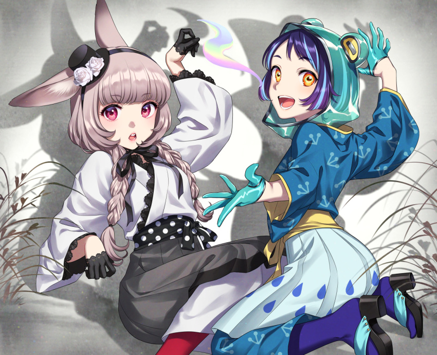 2girls animal_ears aqua_gloves arms_up bangs black_footwear black_gloves blue_legwear blunt_bangs braid copyright_request eyebrows_visible_through_hair gloves grey_hair grey_skirt japanese_clothes kimono long_hair long_sleeves looking_at_viewer morikura_en multiple_girls open_mouth plant pleated_skirt rabbit_ears red_legwear shadow skirt socks twin_braids violet_eyes