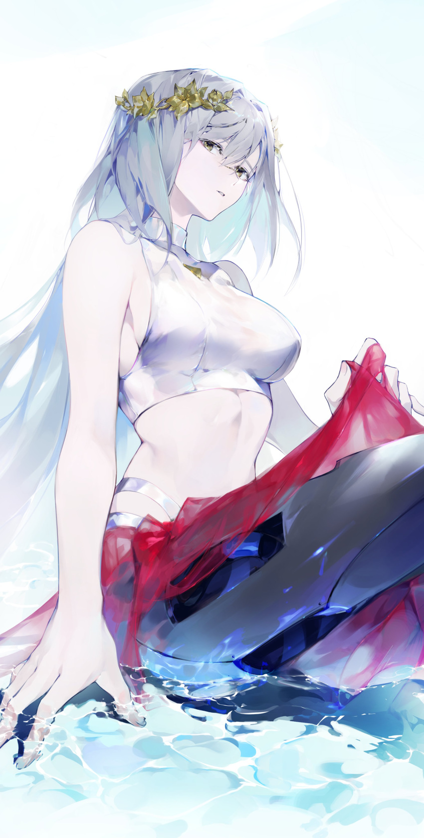 1girl absurdres android bangs breasts chap_sal_! crop_top highres indie_virtual_youtuber long_hair looking_at_viewer mechanical_legs medium_breasts midriff open_hand parted_lips red_skirt silver_hair sitting skirt solo the_cecile_(vtuber) very_long_hair virtual_youtuber water